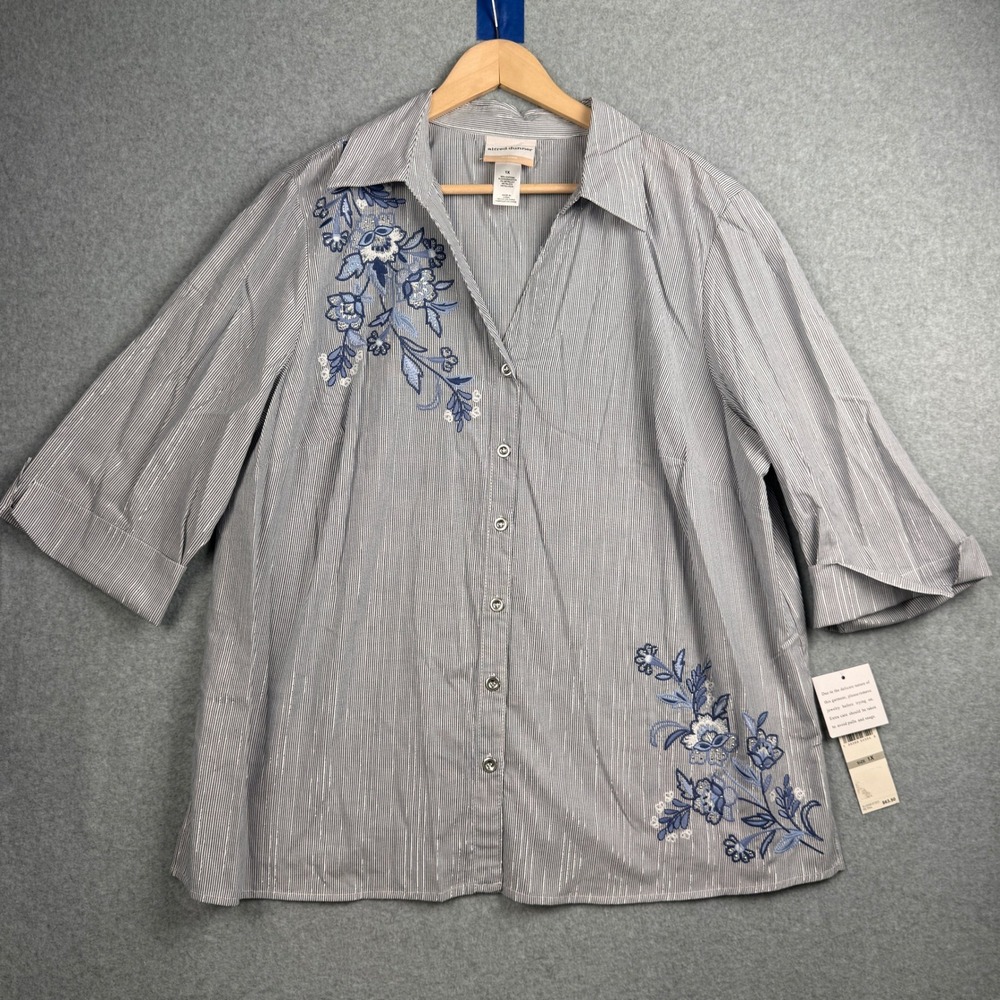 Alfred Dunner Shirt Womens 1X Blue Striped Embroidered Floral Button Up Plus NEW